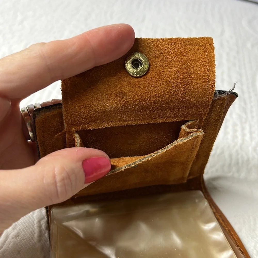 ⭐️🌸Vintage leather bifold wallet plastic picture slots coin purse boho retro - Picture 6 of 12
